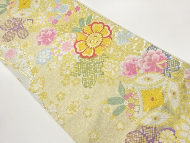 JAPANESE KIMONO / FUKURO OBI / SILK / WOVEN FLOWERS & FLORAL RHOMBUS